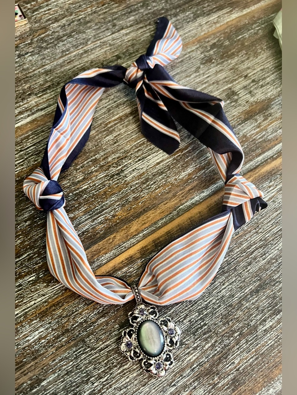 Boss Babe Striped Silk Ribbon Necklace with Silver Pendant - Gray Navy & Peach